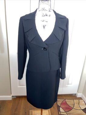 Tahari ASL Black Skirt Suit Size 8 Petite Two Piece Set  Ruffled Jacket